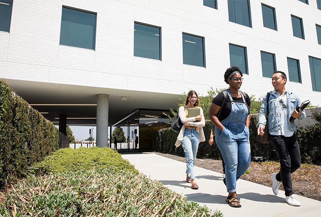 Students walking in front of LMU Playa Vista Campus