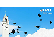 A Zoom background with graduation caps thrown in the air in front of the Sacred Heart Chapel clock tower