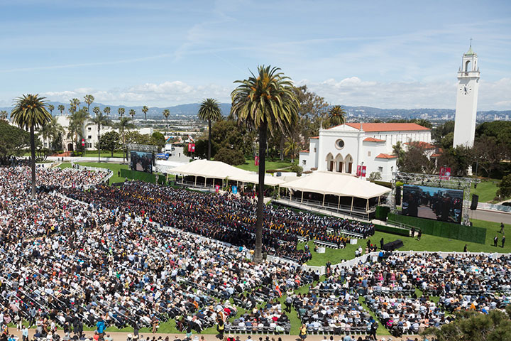 Aerial view of Sunken Garden with all guests and graduates in their seats during commencement