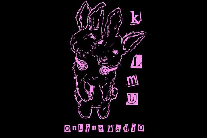 KLMU Online Radio Logo with a two pink headed bunny with headphones