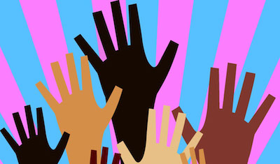 Graphic of different colored hands raised