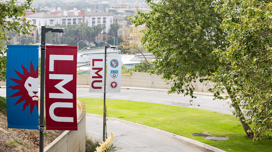 LMU branded flagpole banners on LMU Drive